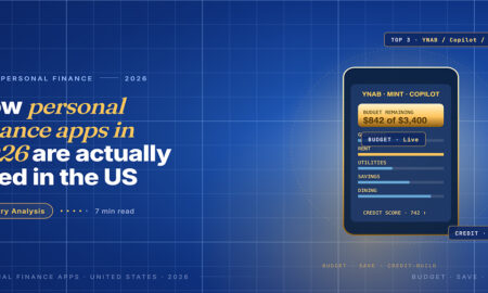 Editorial hero for US personal finance apps 2026: phone panel showing 842 dollars remaining of a 3400 dollar budget with category bars and credit score 742.