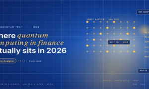 Editorial card hero for quantum computing in US finance in 2026: navy editorial card with a 6 by 8 qubit lattice with bright gold accent nodes and a right-side cascade of NIST post-quantum cryptography labels ML-KEM, ML-DSA and SLH-DSA.