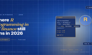 Editorial hero for R programming in US finance 2026: navy code editor showing R volatility analysis script and a gold R logo.