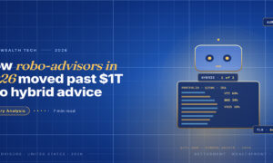 Editorial hero for US robo-advisors in 2026: stylised friendly robot face above an advisor dashboard showing a 250k IRA portfolio with VTI, BND and VXUS allocations.