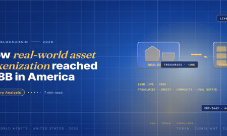 Editorial hero for real-world asset tokenization in America 2026: gold building house icon labelled REAL ESTATE tokenised into a 3x3 grid of ERC-3643 tokens.
