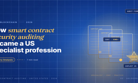 Editorial card hero for US smart contract security auditing as a specialist profession: three stacked Solidity files with a gold CERTIFIED AUDITOR star badge.