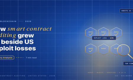 Editorial card hero for US smart contract auditing in 2026: six hex-shaped contract blocks with verification check marks and a gold magnifying glass over them.