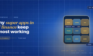 Editorial hero for US super apps in finance 2026: a phone-shaped grid of 9 financial app tiles bundled in one super app.