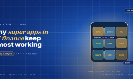Editorial hero for US super apps in finance 2026: a phone-shaped grid of 9 financial app tiles bundled in one super app.