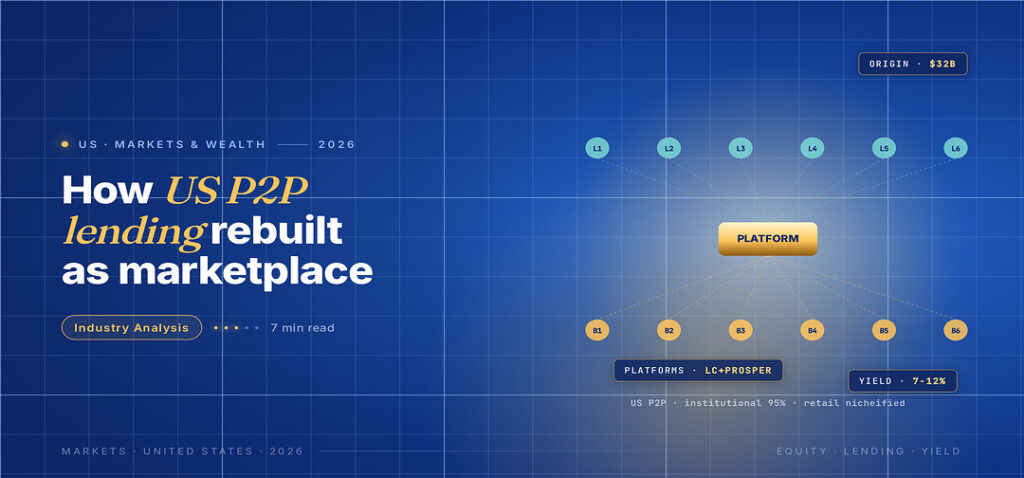 TechBullion Tier 1 editorial featured image for Peer-to-peer lending in the US: what is left of the original model, and what replaced it, with a topic-unique SVG metaphor and a Fraunces italic gold keyword phrase "US P2P lending" in the headline on the navy gradient editorial composite.