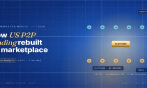 TechBullion Tier 1 editorial featured image for Peer-to-peer lending in the US: what is left of the original model, and what replaced it, with a topic-unique SVG metaphor and a Fraunces italic gold keyword phrase "US P2P lending" in the headline on the navy gradient editorial composite.