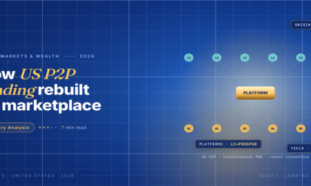 TechBullion Tier 1 editorial featured image for Peer-to-peer lending in the US: what is left of the original model, and what replaced it, with a topic-unique SVG metaphor and a Fraunces italic gold keyword phrase "US P2P lending" in the headline on the navy gradient editorial composite.