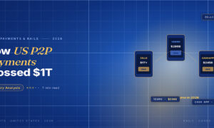 TechBullion Tier 1 editorial featured image for Peer-to-Peer Payments in the U.S. 2026: Where the Volume, Profit, and Fraud Are Now, with a topic-unique SVG metaphor and a Fraunces italic gold keyword phrase "US P2P payments" in the headline on the navy gradient editorial composite.