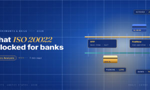TechBullion Tier 1 editorial featured image for ISO 20022 in US payments: what richer message data actually unlocks for banks and fintechs, with a topic-unique SVG metaphor and a Fraunces italic gold keyword phrase "ISO 20022" in the headline on the navy gradient editorial composite.