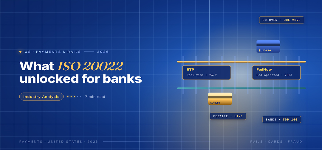 TechBullion Tier 1 editorial featured image for ISO 20022 in US payments: what richer message data actually unlocks for banks and fintechs, with a topic-unique SVG metaphor and a Fraunces italic gold keyword phrase "ISO 20022" in the headline on the navy gradient editorial composite.