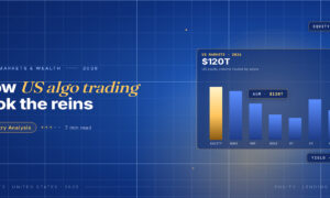 TechBullion Tier 1 editorial featured image for Algorithmic Trading in US Markets in 2026: How the Buy Side Quietly Took the Reins From the Sell Side, with a topic-fitting SVG metaphor and a Fraunces italic gold keyword phrase "US algo trading" in the headline on the navy gradient editorial composite with two-tier grid and warm gold glow.