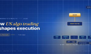 TechBullion Tier 1 editorial featured image for Algorithmic Trading in US Markets in 2026: How the Buy Side Quietly Took the Reins From the Sell Side, with a topic-unique SVG metaphor and a Fraunces italic gold keyword phrase "US algo trading" in the headline on the navy gradient editorial composite.
