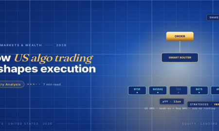 TechBullion Tier 1 editorial featured image for Algorithmic Trading in US Markets in 2026: How the Buy Side Quietly Took the Reins From the Sell Side, with a topic-unique SVG metaphor and a Fraunces italic gold keyword phrase "US algo trading" in the headline on the navy gradient editorial composite.