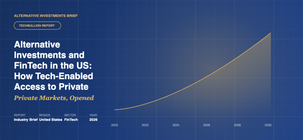 Claude Design hero illustration with growth chart and gold trend curve alongside headline reading Alternative Investments and FinTech in the US: How Tech-Enabled Access to Private Markets Is Reshaping Wealth Allocation.
