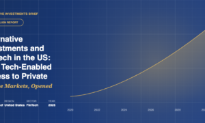 Claude Design hero illustration with growth chart and gold trend curve alongside headline reading Alternative Investments and FinTech in the US: How Tech-Enabled Access to Private Markets Is Reshaping Wealth Allocation.