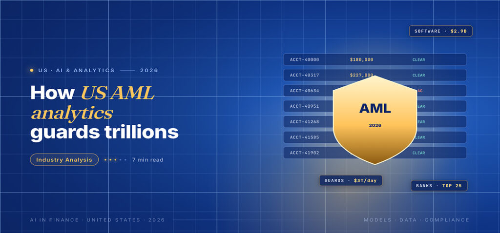 TechBullion Tier 1 editorial featured image for AML analytics in 2026: how a $2.9 billion software category guards $3 trillion in daily US bank flows, with a topic-specific SVG metaphor and a Fraunces italic gold keyword phrase "US AML analytics" in the headline on the navy gradient editorial composite with two-tier grid and warm gold glow.
