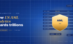 TechBullion Tier 1 editorial featured image for AML analytics in 2026: how a $2.9 billion software category guards $3 trillion in daily US bank flows, with a topic-specific SVG metaphor and a Fraunces italic gold keyword phrase "US AML analytics" in the headline on the navy gradient editorial composite with two-tier grid and warm gold glow.