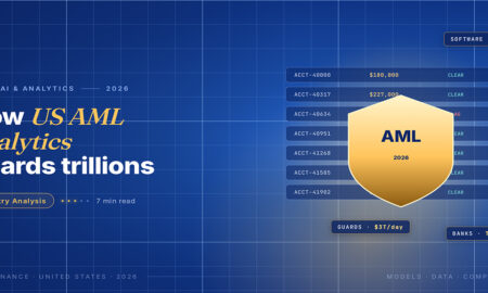 TechBullion Tier 1 editorial featured image for AML analytics in 2026: how a $2.9 billion software category guards $3 trillion in daily US bank flows, with a topic-specific SVG metaphor and a Fraunces italic gold keyword phrase "US AML analytics" in the headline on the navy gradient editorial composite with two-tier grid and warm gold glow.