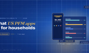 TechBullion Tier 1 editorial featured image for Personal Finance Apps in the US in 2026: How Budgeting, Saving and Credit-Building Tools Are Actually Used, with a topic-unique SVG metaphor and a Fraunces italic gold keyword phrase "US PFM apps" in the headline on the navy gradient editorial composite.