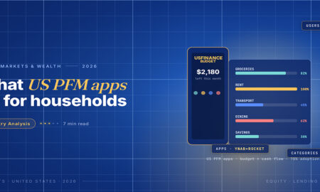 TechBullion Tier 1 editorial featured image for Personal Finance Apps in the US in 2026: How Budgeting, Saving and Credit-Building Tools Are Actually Used, with a topic-unique SVG metaphor and a Fraunces italic gold keyword phrase "US PFM apps" in the headline on the navy gradient editorial composite.