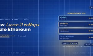 TechBullion Tier 1 editorial featured image for Blockchain Scalability in the US in 2026: How Rollups Quietly Did the Job Sharding Was Supposed To, with a topic-unique SVG metaphor and a Fraunces italic gold keyword phrase "Layer-2 rollups" in the headline on the navy gradient editorial composite.