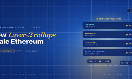 TechBullion Tier 1 editorial featured image for Blockchain Scalability in the US in 2026: How Rollups Quietly Did the Job Sharding Was Supposed To, with a topic-unique SVG metaphor and a Fraunces italic gold keyword phrase "Layer-2 rollups" in the headline on the navy gradient editorial composite.