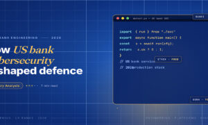 TechBullion Tier 1 editorial featured image for Cybersecurity in US Financial Systems in 2026: How a 14 Billion Dollar Defence Spend Quietly Reshaped Bank Operations, with a topic-fitting SVG metaphor and a Fraunces italic gold keyword phrase "US bank cybersecurity" in the headline on the navy gradient editorial composite with two-tier grid and warm gold glow.