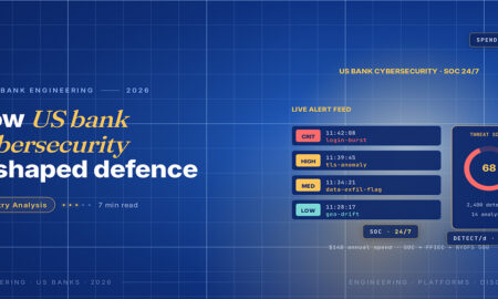 TechBullion Tier 1 editorial featured image for Cybersecurity in US Financial Systems in 2026: How a 14 Billion Dollar Defence Spend Quietly Reshaped Bank Operations, with a topic-unique SVG metaphor and a Fraunces italic gold keyword phrase "US bank cybersecurity" in the headline on the navy gradient editorial composite.