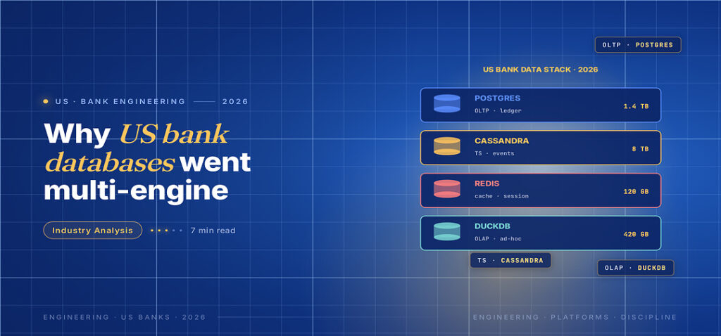 TechBullion Tier 1 editorial featured image for Database Systems for US Finance in 2026: Why Postgres Won and Where Specialist Stores Still Live, with a topic-unique SVG metaphor and a Fraunces italic gold keyword phrase "US bank databases" in the headline on the navy gradient editorial composite.