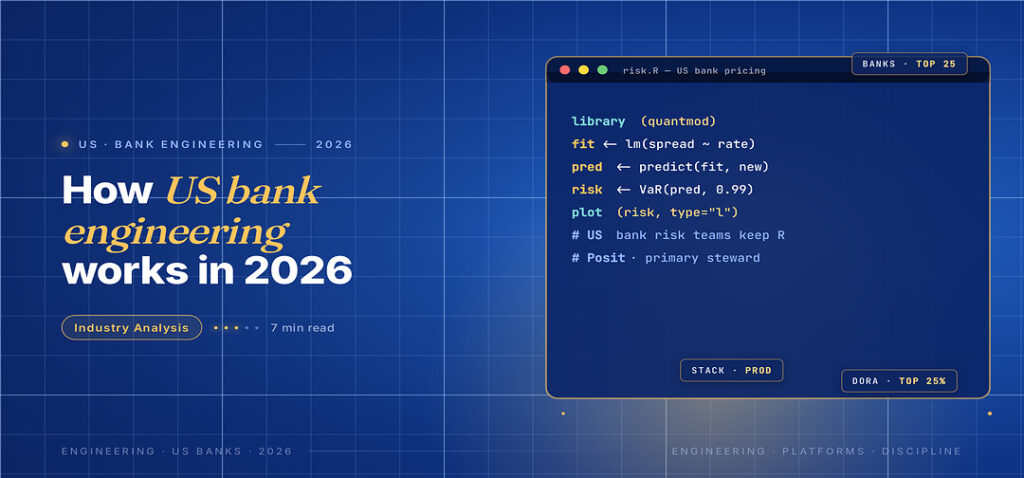 TechBullion Tier 1 editorial featured image for R Programming for US Finance in 2026: Where It Still Wins and Where Python Has Quietly Taken Over, with a topic-unique SVG metaphor and a Fraunces italic gold keyword phrase "US bank engineering" in the headline on the navy gradient editorial composite.