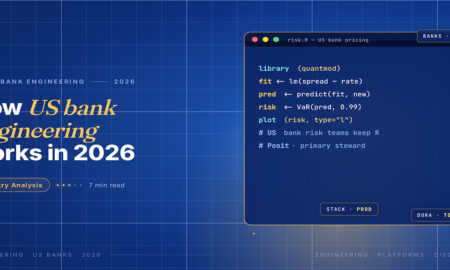 TechBullion Tier 1 editorial featured image for R Programming for US Finance in 2026: Where It Still Wins and Where Python Has Quietly Taken Over, with a topic-unique SVG metaphor and a Fraunces italic gold keyword phrase "US bank engineering" in the headline on the navy gradient editorial composite.