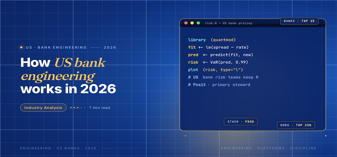 TechBullion Tier 1 editorial featured image for R Programming for US Finance in 2026: Where It Still Wins and Where Python Has Quietly Taken Over, with a topic-unique SVG metaphor and a Fraunces italic gold keyword phrase "US bank engineering" in the headline on the navy gradient editorial composite.