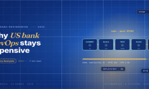 TechBullion Tier 1 editorial featured image for DevOps in U.S. FinTech: What Continuous Delivery Actually Looks Like Inside Regulated Environments, with a topic-unique SVG metaphor and a Fraunces italic gold keyword phrase "US bank DevOps" in the headline on the navy gradient editorial composite.