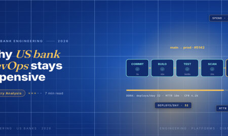 TechBullion Tier 1 editorial featured image for DevOps in U.S. FinTech: What Continuous Delivery Actually Looks Like Inside Regulated Environments, with a topic-unique SVG metaphor and a Fraunces italic gold keyword phrase "US bank DevOps" in the headline on the navy gradient editorial composite.