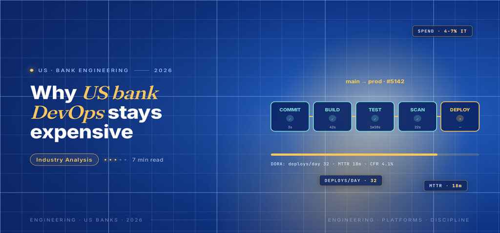 TechBullion Tier 1 editorial featured image for How DevOps in FinTech Quietly Became a Permanent Cost Center for US Banks, with a topic-unique SVG metaphor and a Fraunces italic gold keyword phrase "US bank DevOps" in the headline on the navy gradient editorial composite.