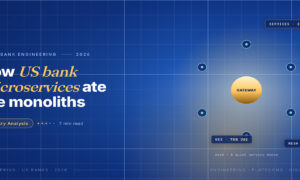 TechBullion Tier 1 editorial featured image for Microservices in U.S. Financial Systems: Where Decomposition Pays Off and Where It Backfires, with a topic-unique SVG metaphor and a Fraunces italic gold keyword phrase "US bank microservices" in the headline on the navy gradient editorial composite.