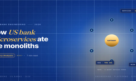 TechBullion Tier 1 editorial featured image for Microservices Architecture Is Quietly Eating the Monoliths Inside US Banks, with a topic-unique SVG metaphor and a Fraunces italic gold keyword phrase "US bank microservices" in the headline on the navy gradient editorial composite.
