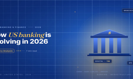 TechBullion Tier 1 editorial featured image for How U.S. Banking Is Actually Evolving in 2026: Five Shifts the Headlines Miss, with a topic-unique SVG metaphor and a Fraunces italic gold keyword phrase "US banking" in the headline on the navy gradient editorial composite.