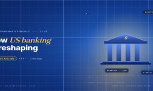 TechBullion Tier 1 editorial featured image for Super Apps in US Finance: Why the Bundled Experience Keeps Almost Working and Never Quite Wins, with a topic-unique SVG metaphor and a Fraunces italic gold keyword phrase "US banking" in the headline on the navy gradient editorial composite.