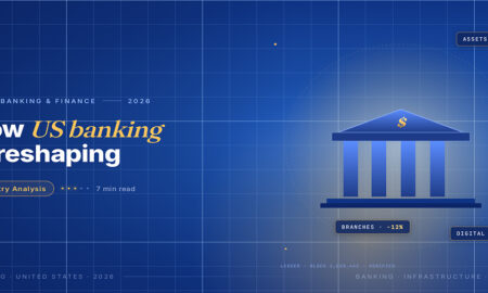 TechBullion Tier 1 editorial featured image for Super Apps in US Finance: Why the Bundled Experience Keeps Almost Working and Never Quite Wins, with a topic-unique SVG metaphor and a Fraunces italic gold keyword phrase "US banking" in the headline on the navy gradient editorial composite.