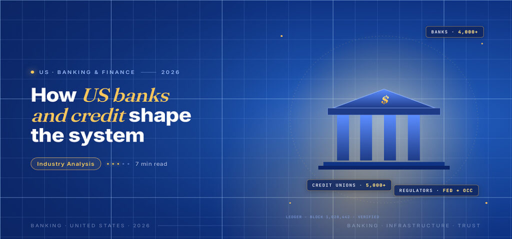 TechBullion Tier 1 editorial featured image for Financial systems and institutions in the US: how banks, credit unions, and the regulator constellation hold up the syst, with a topic-unique SVG metaphor and a Fraunces italic gold keyword phrase "US banks and credit" in the headline on the navy gradient editorial composite.