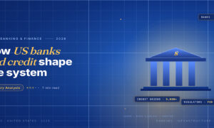 TechBullion Tier 1 editorial featured image for Financial systems and institutions in the US: how banks, credit unions, and the regulator constellation hold up the syst, with a topic-unique SVG metaphor and a Fraunces italic gold keyword phrase "US banks and credit" in the headline on the navy gradient editorial composite.