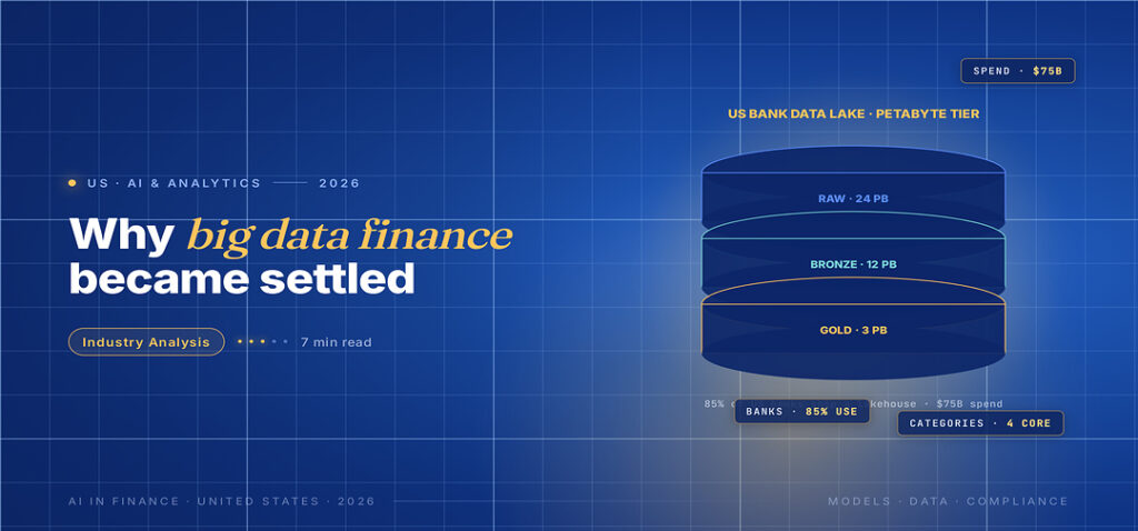 TechBullion Tier 1 editorial featured image for Big Data Analytics in U.S. Finance: From Frontier to Settled Discipline, with a topic-unique SVG metaphor and a Fraunces italic gold keyword phrase "big data finance" in the headline on the navy gradient editorial composite.