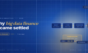 TechBullion Tier 1 editorial featured image for Big Data Analytics in Finance Has Quietly Become a 75 Billion US Spending Category, with a topic-specific SVG metaphor and a Fraunces italic gold keyword phrase "big data finance" in the headline on the navy gradient editorial composite with two-tier grid and warm gold glow.