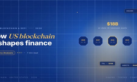 TechBullion Tier 1 editorial featured image for How Consensus Mechanisms in America Are Maturing: Proof-of-Stake, Restaking and the Regulatory Bar Ahead, with a topic-unique SVG metaphor and a Fraunces italic gold keyword phrase "US blockchain" in the headline on the navy gradient editorial composite.