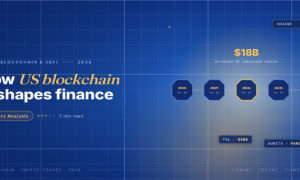 TechBullion Tier 1 editorial featured image for Web3 Financial Applications in America in 2026: Where Wallet-Native Finance Has Actually Found Users, with a topic-unique SVG metaphor and a Fraunces italic gold keyword phrase "US blockchain" in the headline on the navy gradient editorial composite.