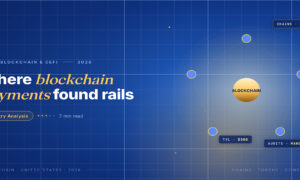 TechBullion Tier 1 editorial featured image for Blockchain for Payments in America 2026: Where the Rails Are Quietly Real, with a topic-fitting SVG metaphor and a Fraunces italic gold keyword phrase "blockchain payments" in the headline on the navy gradient editorial composite with two-tier grid and warm gold glow.