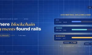 TechBullion Tier 1 editorial featured image for Blockchain for Payments in America 2026: Where the Rails Are Quietly Real, with a topic-unique SVG metaphor and a Fraunces italic gold keyword phrase "blockchain payments" in the headline on the navy gradient editorial composite.