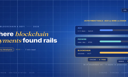 TechBullion Tier 1 editorial featured image for Blockchain for Payments in America 2026: Where the Rails Are Quietly Real, with a topic-unique SVG metaphor and a Fraunces italic gold keyword phrase "blockchain payments" in the headline on the navy gradient editorial composite.